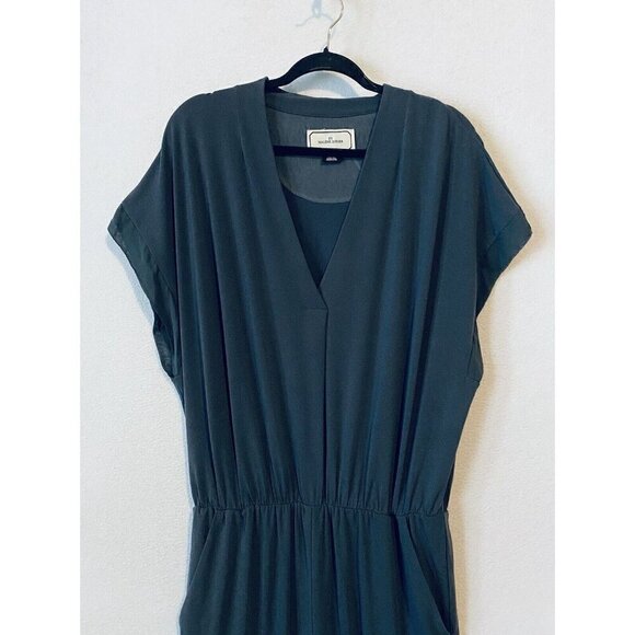 By Malene Birger Jumpsuit Womens Large Dark Green V Neck Pockets Crepe Silk Trim - Picture 2 of 6